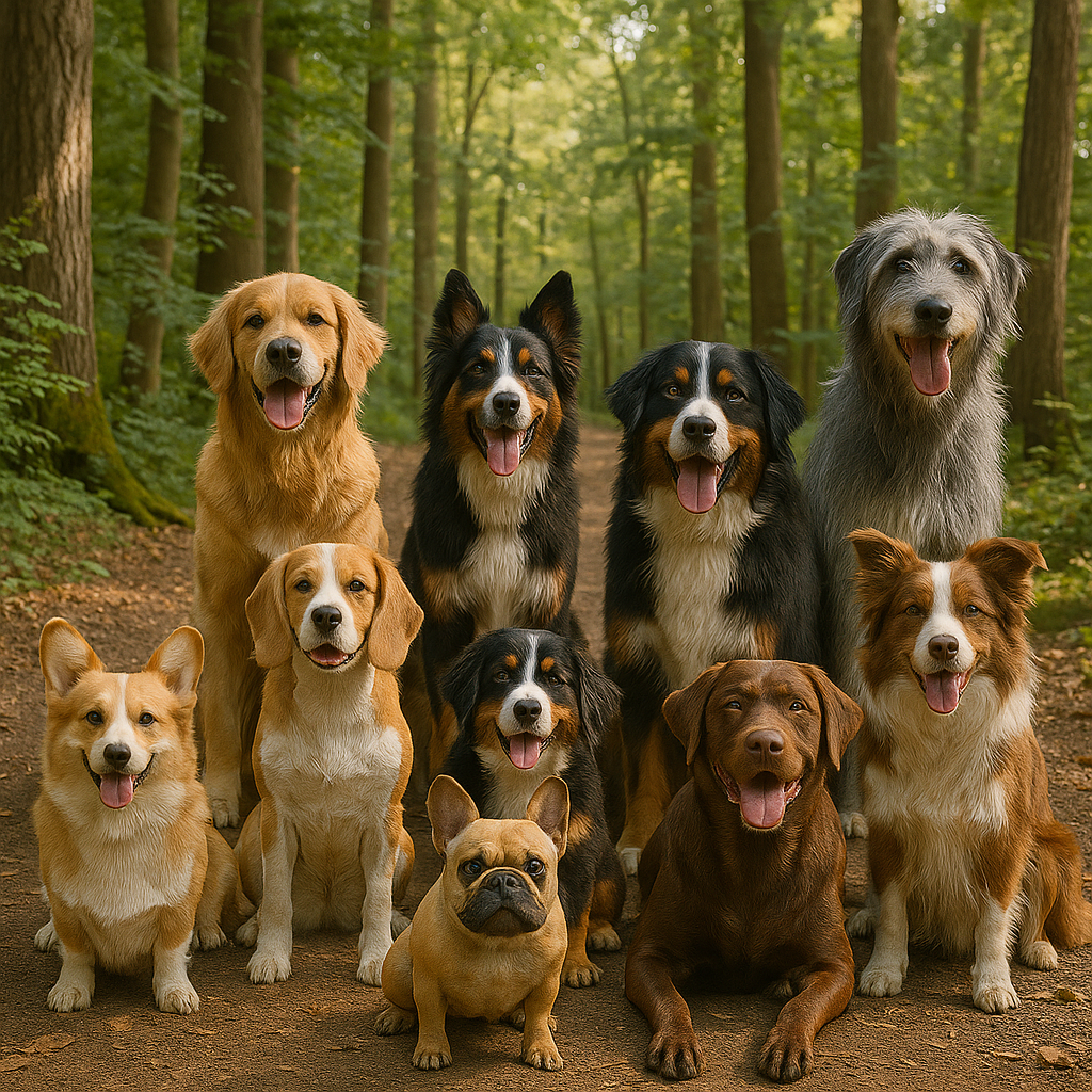 Dogs walking together as a relaxed, happy pack at the sanctuary